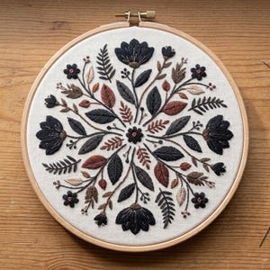 May include: A circular wooden embroidery hoop containing a piece of off-white fabric with a symmetrical floral design. The embroidery features dark charcoal, rust-colored, and beige thread depicting various leaves, ferns, and flowers.