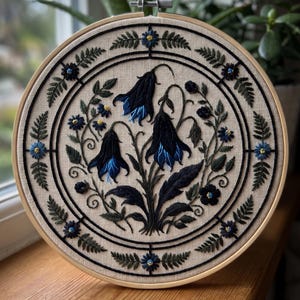 Op de afbeelding: Een ronde borduurring met een beige stoffen paneel met handgeborduurde botanische kunst. Het ontwerp toont drie grote, donkerblauwe klokvormige bloemen omringd door donkergroene bladeren, varens en kleine blauwe bloemetjes.