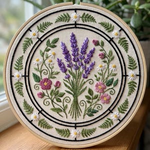 Può includere: Ricamo floreale su telaio, con un bouquet centrale di lavanda viola, circondato da fiori rosa, margherite bianche e foglie di felce verdi. Il disegno è su tessuto color crema, incorniciato da un cerchio di legno e linee nere.
