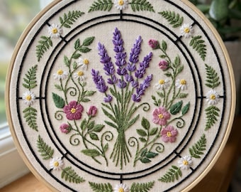 Pode incluir: Arte de aro floral bordado com um buquê central de lavanda roxa, rodeado por flores cor-de-rosa, margaridas brancas e folhas de samambaia verdes. O design está sobre tecido creme, emoldurado por um aro de madeira e linhas pretas.