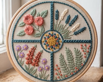 May include: A round embroidery hoop featuring a floral design. The design includes pink roses, purple flowers, orange foxgloves, and various green leaves and stems. The embroidery is set against a beige fabric background.