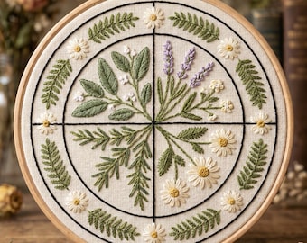 May include: A circular embroidery hoop containing a piece of off-white fabric with a botanical design. The design features a black cross dividing the circle into four quadrants, with embroidered green ferns and white daisies along the outer border.