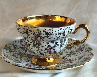 Vintage Rosina Bone China Teetasse & Untertasse – Muster “June” – Made in England – Gold Vergoldet Teetasse mit Fuß – Florale Cottagecore Tea Party Dec