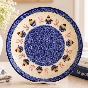 Polnischer Geburtstagsteller aus Keramik, handbemalt, Bolesławiec-Blumenmuster, schwere blau-weiße Servierplatte
