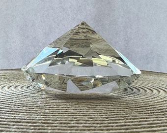 Large Faceted Crystal Diamond Paperweight Clear Prism Glass Gem Cut Desk Decor