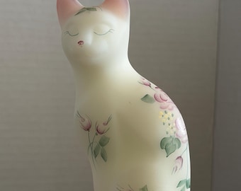 Gato de cristal satinado Fenton vintage – Diseño de rosas pintado a mano – Figura de cristal artístico rosa ruborizado – Decoración coleccionable