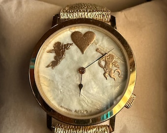 Vintage Akteo Cupid Watch 1990s French Quartz Wristwatch Heart Design Gold Tone Romantic Gift