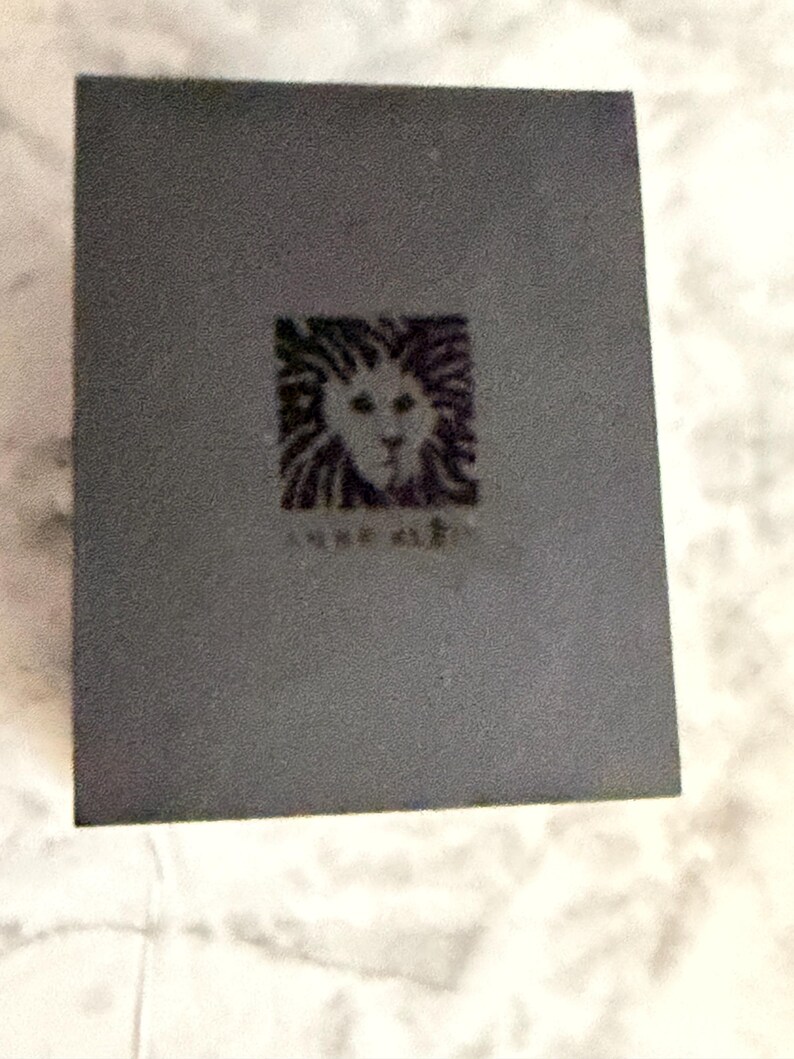 May include: A rectangular dark gray box featuring a centered square logo with a stylized lion head graphic and the text Anne Klein printed in black. The box has a matte finish and a clean, simple design with sharp edges and a flat top surface.
