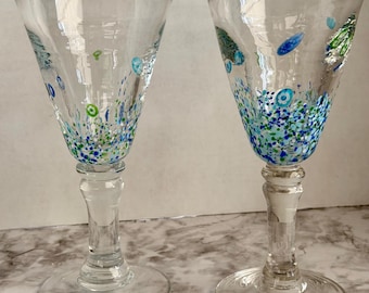 Vintage Hand Blown Art Glass Goblets – Pair of Millefiori Style Blue & Green Stemware – Studio Glass Wine Glasses – 9” Decorative Glasses