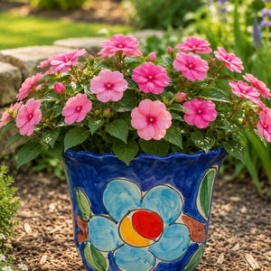 Vintage Hand Painted Italian Pottery Planter – Blue Floral Cachepot – Made in Italy Ceramic Flower Pot – Colorful Cottage Garden Decor
