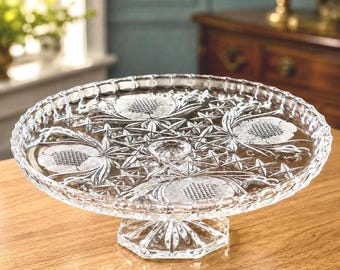Vintage Frosted Floral Cut Crystal Cake Stand Pedestal Plate | Etched Floral Glass Serving Platter