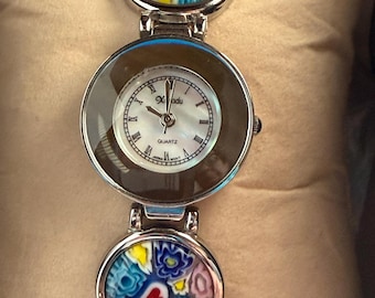 Vintage XANADU Millefiori Murano Style Glass Bracelet Watch – Italian Art Glass – New Battery – Colorful Floral Quartz Watch