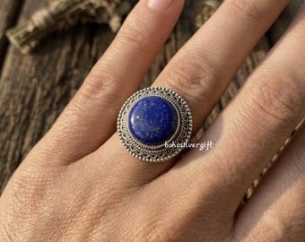 Naturlig lapis lazuli-ring, 925 sterlingsilver boho-ring, blå ädelstensring, etniska tribalsmycken, jubileumspresent till henne