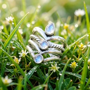 Rainbow Moonstone Sterling Silver Chevron Ring Set, Boho Stacking V-Shape Statement (Three Piece)