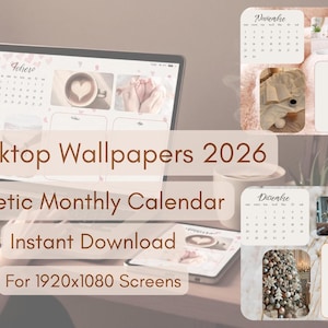 Puede incluir: Fondos de pantalla de calendario mensual estéticos para 2026. La imagen muestra una computadora portátil que muestra un calendario con una taza de café e imágenes florales. El texto de la imagen dice "12 Fondos de pantalla de escritorio 2026", "Calendario mensual estético".