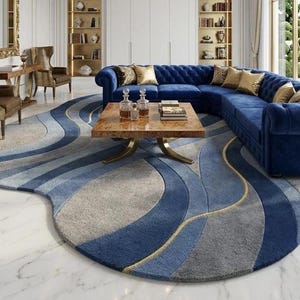 Modern Abstract Wool Rug, Handmade Organic Shape Carpet in Navy and Grey, Luxury Contemporary Floor Art for Living Room or Bedroom Decor