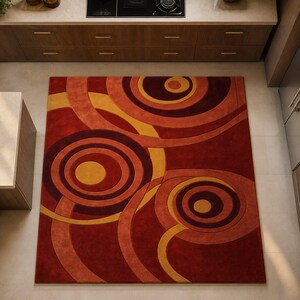 Abstract Area Rug, Circular Pattern Rug, Rust Orange Brown Wool, Modern Retro Cut Pile, Living Room Bedroom Statement Rug