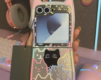 Korean Aesthetic Cat Ear Case for Samsung Galaxy Z Flip 7 6 5 4 7 FE Cute Kitty Protective Cover