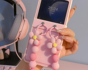 Leather Hinge Samsung Galaxy Z Flip Case with Beads Wrist Strap