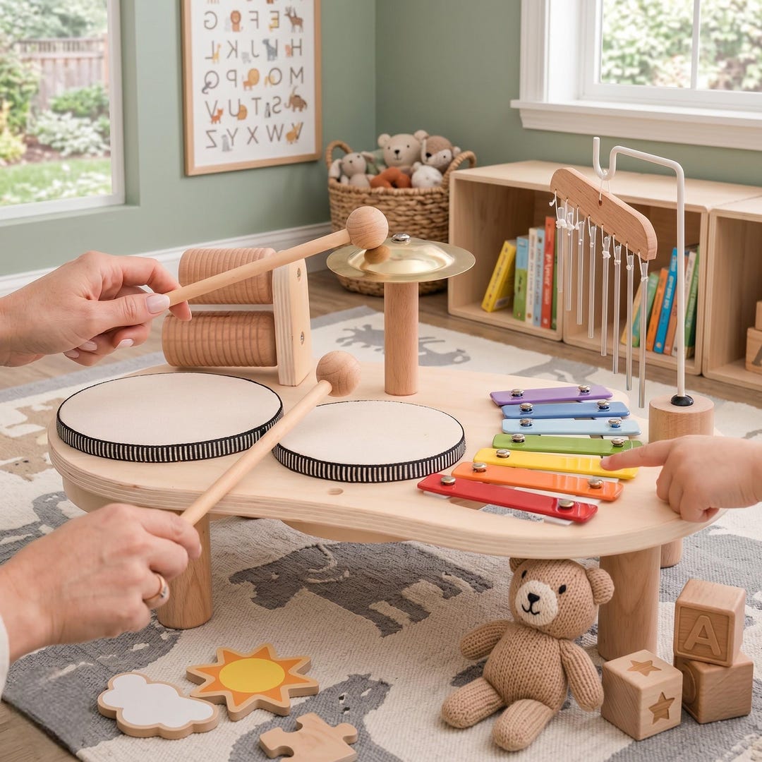 Wooden Musical Activity Table, Montessori Xylophone Drum Chimes ...