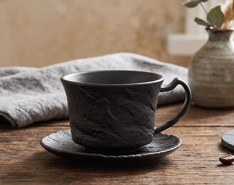 Handmade Black Ceramic Tea Cup with Saucer 75 ml