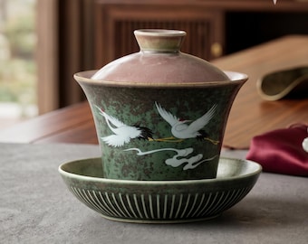 Vintage Ceramic Gaiwan Tea Set with Crane Design