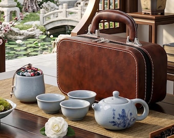 Ru Yao Ceramic Tea Set with Leather Travel Case, Blue Gongfu Tea Ceremony Set