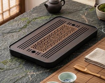 Handmade Dark Bamboo Tea Tray with Copper Inlay