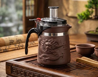 Dragon Clay Teapot with Button Infuser, 500ml Brown Chinese Teapot