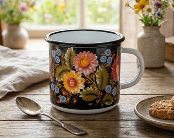 Hand Painted Floral Mug , Vintage Folk Art Coffee Cup