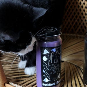 Peut inclure: Une bougie violette dans un bocal en verre transparent avec un couvercle noir. L'étiquette présente un graphique blanc d'une main de chiromancie, un œil dans un triangle et d'autres symboles. Le texte indique Spiritual Ad avec un crâne.
