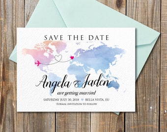 Watercolor wedding invitation, Destination Wedding Invitation printables, beach wedding, Map invitation, DIY wedding, save the date