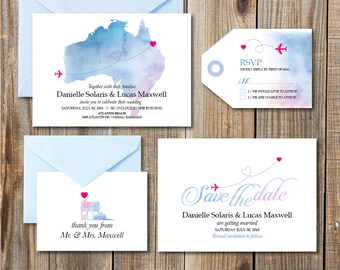 Destination Wedding Invitation printables, beach wedding, Map invitation, Customized DIY wedding, watercolor wedding invitation