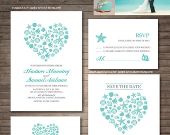 Beach Wedding Invitation printables, Destination wedding, Heart invitation, Customized DIY wedding, coral, turquoise, sea shell