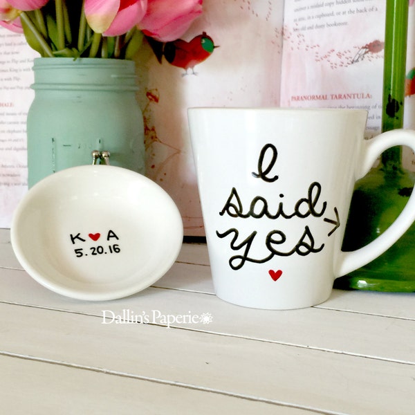 Personalized mug, Ring dish set, Engagement Gift Mug, hand drawn, Hand painted, I said yes mug, Bridal shower gift, trinket dish
