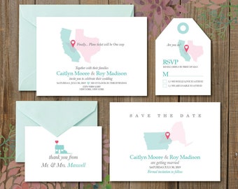 Long distance relationship Wedding Invitation printables, destination wedding, Map invitation, Customized DIY wedding, turquoise
