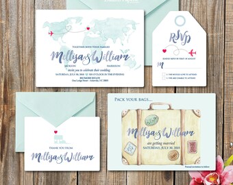 Destination Wedding watercolor Invitation printables, beach wedding, Map invitation, Customized DIY wedding, turquoise