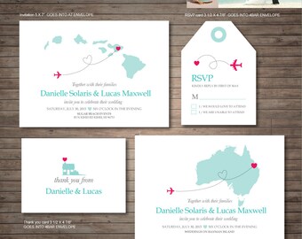 Imprimibles de invitación de boda de destino de Hawái, boda en la playa, invitación de mapa, boda DIY personalizada, boda en Australia