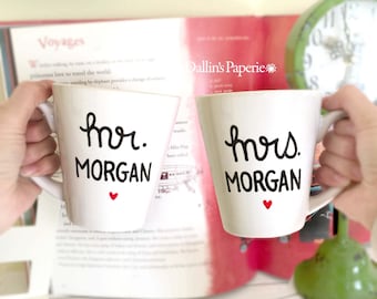 Personalized mug, wedding photo prop, Engagement Gift Mug, Mr and Mrs mug, Hand painted, couple mug, Bridal shower gift, latte mug