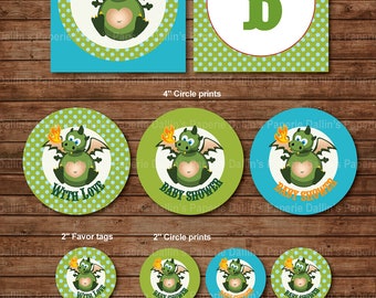 Dragon Baby shower DIY Printable Party pack - Banner - party circles - favor tag - water bottle wrapper