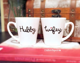 Couples Mug Set, Wedding Coffee Mugs, Hubby and Wifey Coffee Mugs, Hubby, Wifey, wedding gift