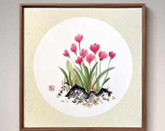 Original Korean Sumi Painting, Pink Wildflower Art, Rice Paper