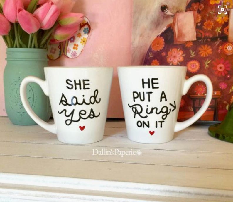 Personalized mug, Engagement Gift Mug, She said yes mug, He put a ring on it mug, Hand painted, His and hers mugs, latte mug image 1