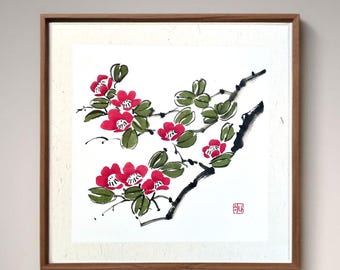 Red camellia floral watercolor painting, unique oriental brush hand painting, gift, asian art wall decoration