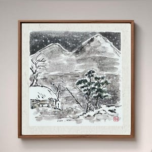Snowing landscape Korean painting, watercolor painting, oriental hand painted art, asian wall decoration, ink original drawing, persimmons