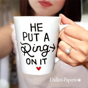 Personalized mug, Engagement Gift Mug, She said yes mug, He put a ring on it mug, Hand painted, His and hers mugs, latte mug image 2