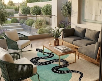 Handmade Snake Tufted Rug, Modern Boho Wool Area Rug, Cream & Sage Green Carpet, Artistic Living Room Decor Rug