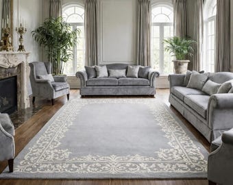 Luxury Handmade Tufted Area Rug, Neutral Grey Floral Border Rug, Modern Living Room Carpet, Custom Wool Rug