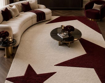 Burgundy Star Rug, Hand Tufted Wool Area Rug, Modern Luxury Cream Carpet, 8x10 9x12 Living Room Rug, Custom Size