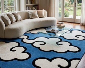 Handmade Tufted Cloud Rug, Blue Sky Area Rug, Aesthetic Living Room Carpet, Modern Funky Home Decor